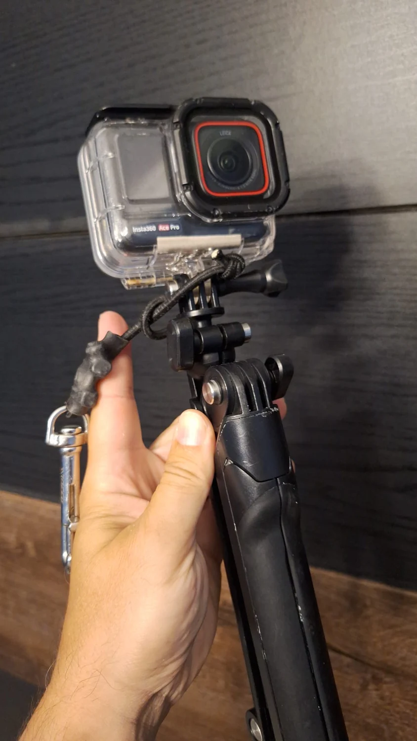 My Insta360 Ace Pro in its underwater housing on the compact extendable handle/tripod I use for deliberate shots.