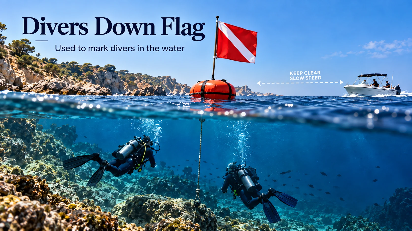 Divers Down flag displayed on a surface float above two SCUBA divers while a boat keeps clear.